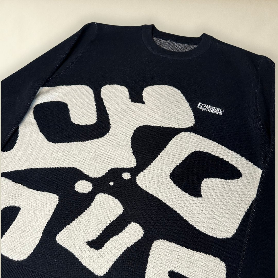 Black and Oat Classic Jacquard Knitted Jumper With Embroidered Unusual Wonders Logo - Unusual Wonders
