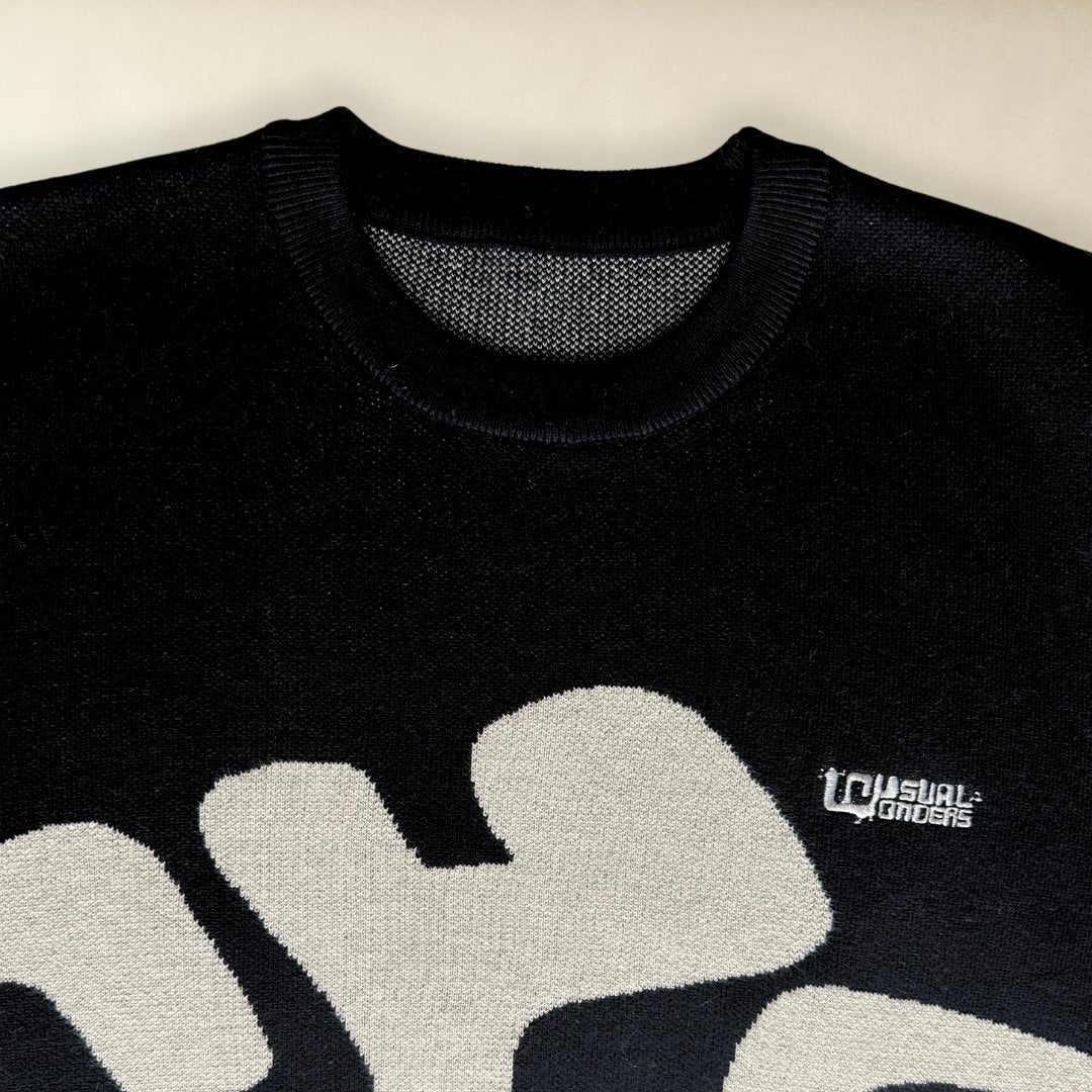 Black and Oat Classic Jacquard Knitted Jumper With Embroidered Unusual Wonders Logo - Unusual Wonders