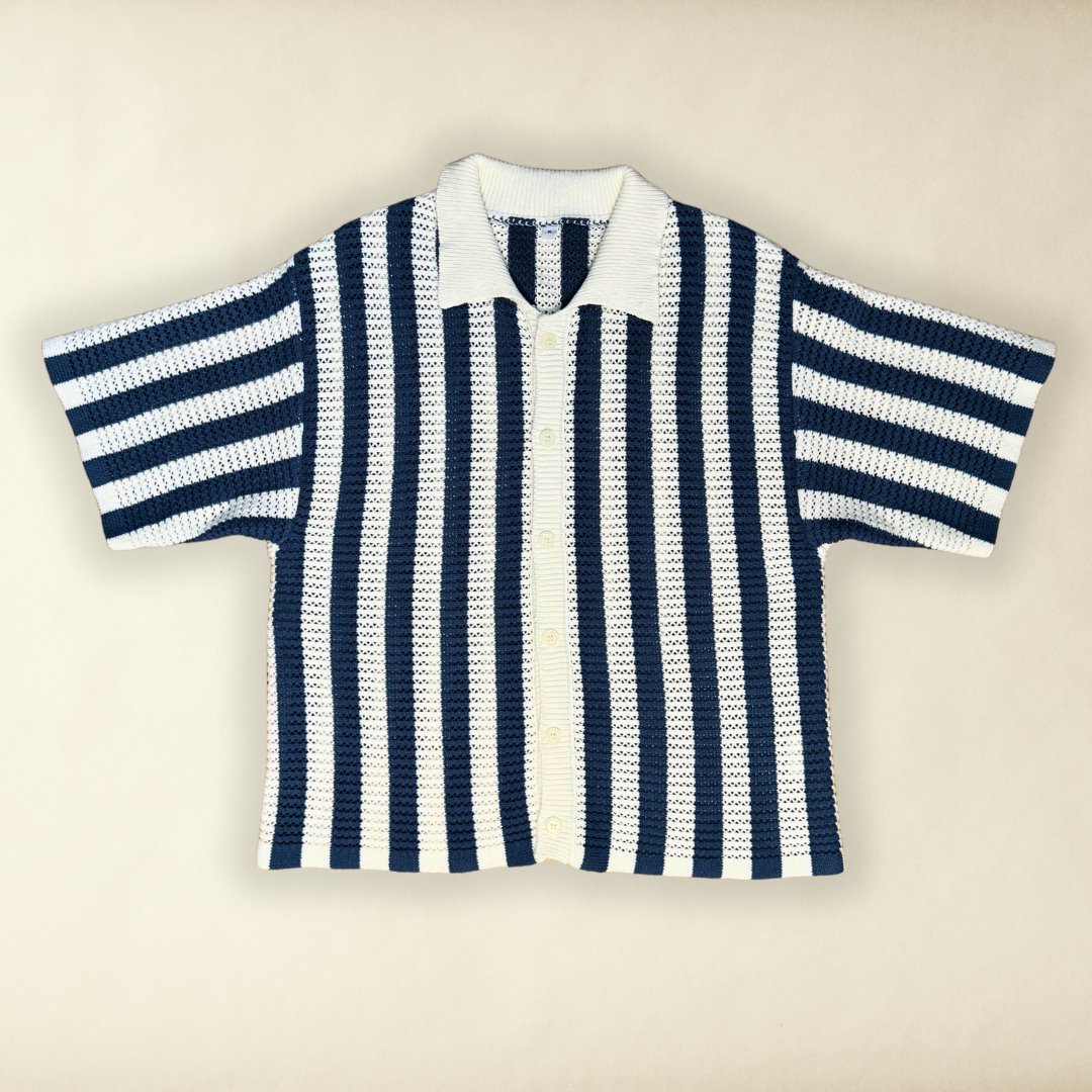 Blue and White Button Up Striped Boxy Cropped Cotton Crochet Shirt - Unusual Wonders