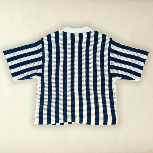 Blue and White Button Up Striped Boxy Cropped Cotton Crochet Shirt - Unusual Wonders