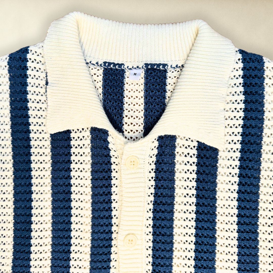 Blue and White Button Up Striped Boxy Cropped Cotton Crochet Shirt - Unusual Wonders